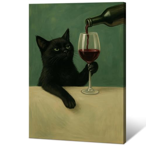 Moody Black Cat Wall Art Vintage Green Wine Decor Poster