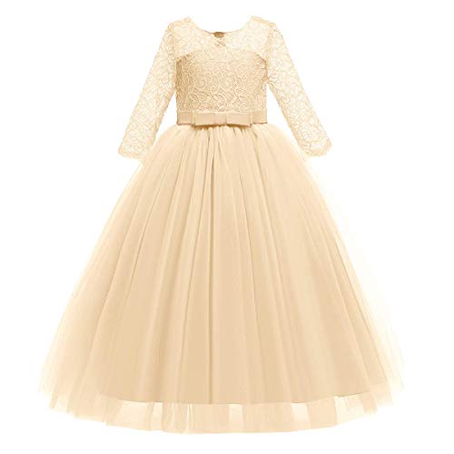 Girls Flower Vintage Floral Lace 3/4 Sleeves Floor Length Dress Wedding Party Evening Formal Pegeant Dance Gown4