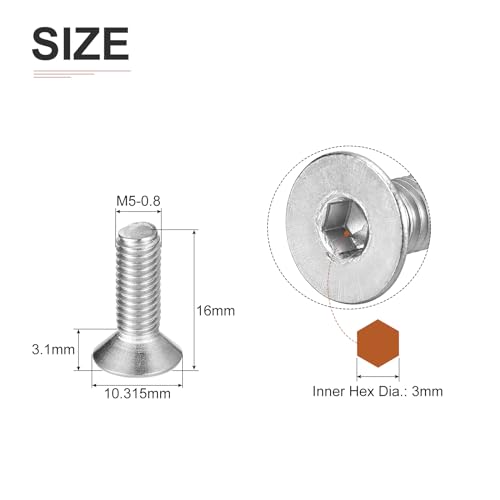 Image of DTGN M5-0.8 x 16mm Flat Head Socket Cap Screws, 100 Pack 304 Stainless Steel Hex Socket Flat Head Screws, Full Thread, Countersunk Bolts