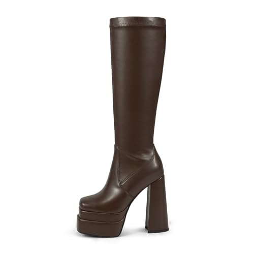 Image of wetkiss Classic Platform Knee High Boots Go Go Boots | Chunky Heel, Hallowee, Stretch Fabric, Square Toe, Good Gifts, Cosplay Custume, Festival,Versatile
