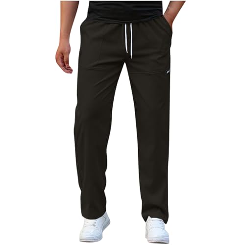 Stretch Waist Pants for Men Straight Leg Drawstring Pant Classic Casual Solid Color Loose Fit Trousers with Pockets