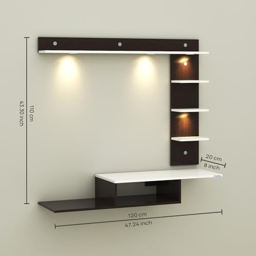 Image of Anikaa Wintor Engineered Wood Wall Mounted TV Unit with 4 LED Lights, 3 Open Shelves, 1 Storage Box & Decorative Display Shelf for Living Room | Ideal for Upto 43 Inch TV- Wenge /White(DIY Assembly)