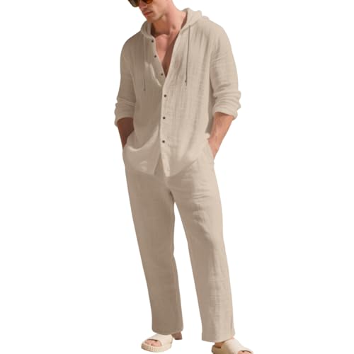Ropa para Hombre Men Clothing Summer Outfit Loungewear 2 Piece Set Summer Matching Set Sweatsuit Long Sleeve Tshirts Linen Breathable Hoodies Long Pants Boho Two Piece Track Suits Mens Khaki L