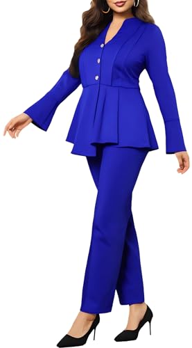 Women Pants Suits 2 Piece Business Long Bell Sleeve Button Peplum Hem Blazer Pants Set