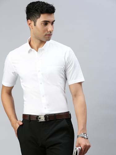 Image of RAMRAJ COTTON Mens Solid Regular Fit Half Sleeve Ethnic White Cotton Shirt