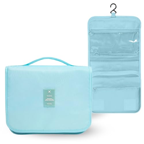Necessaire de Viagem Organizadora com Gancho, 5 Divisórias, Material Resistente à Água, 23 x 19 x 10 cm,(Ciano)
