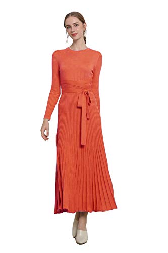 Image of Women's Long Knit Crewneck Sweater Dress Tie Waist A-Line Swing Pleated Bodycon