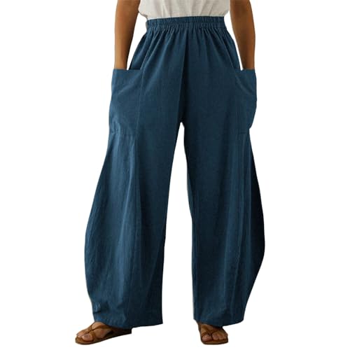 Women's Linen Pants with Deep Pockets Casual Elastic High Waist Wide Leg Trousers Plus Size Beach Pants S-5XL