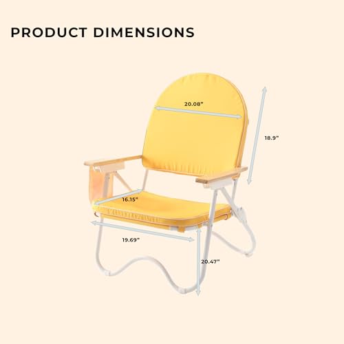 Image of Padded Low Beach Chair, 4-Position Folding Outdoor Chair with Wooden Armrests, Cushioned Seat, Storage Pouch & Carry Strap for Beach, Patio and Lawn, Harbour Mimosa