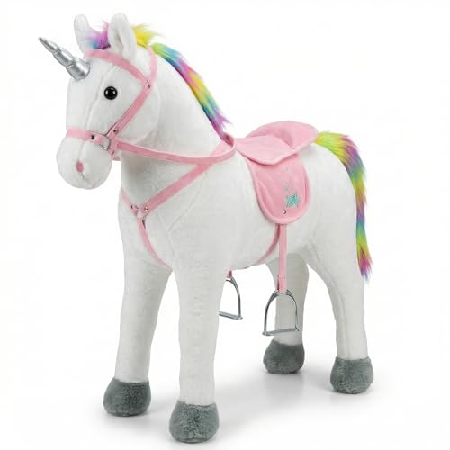 TE-Trend Einhorn Stehpferd 75 cm Reitpferd mit Sound Regenbogen-Mähne & Sattel Spielpferd zum Draufsitzen für Kinder