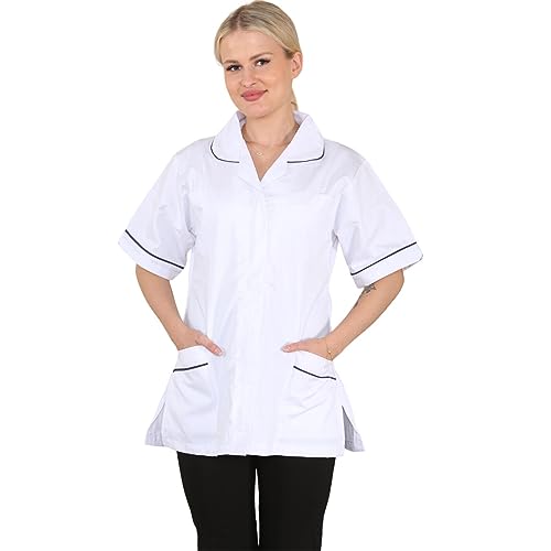 Womens Tunic Shirt Ladies Healthcare Doctor Nurse NHS Hospital Clinic Beauty Salon Vet WorkWear Short Sleeves Tunics Medical Uniform Carers Casual Blouse Maid Dress Top Lapel Collar(White, 10)