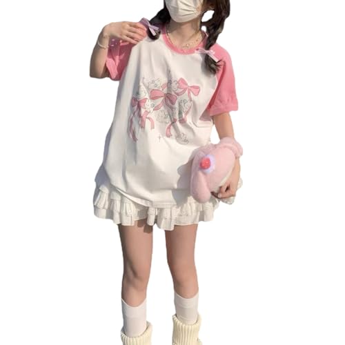 Kawaii - Camiseta de gran tamaño con diseño de anime rosa japonés, Harajuku, estampado de dibujos animados, holgada, talla grande, Rosado, M