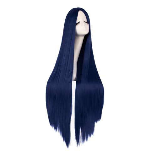 Image of MapofBeauty 40 Inch Carve Long Straight Cosplay Anime Costume Wig,Dark Blue | 100 cm Party Wig