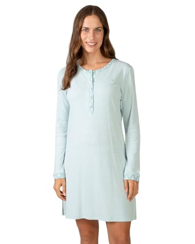 MASSANA Camisón de Invierno L757249, Verde Claro con Rayas, Algodón Viscosa Poliéster, Manga Larga, Botones Frontales, Diseño Moderno para Dormir, para Mujer (Verde, XL)