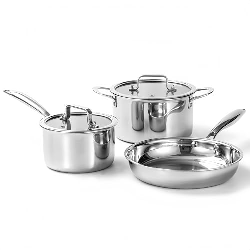 Cooking Pots with Glass Lid, Frying Pan, Set of 3, Diameter 16 cm, 20 cm, Diameter 26 cm, Dishwasher Safe, Pots for Induction, Fully Clothed 3-Ply Stainless Steel