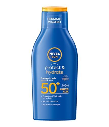 NIVEA SUN Protect & Hydrate SPF 50+ Reisegröße 100 ml Sonnencreme 50+ feuchtigkeitsspendend 48h schnell einziehend Sonnenschutz 50+ wasserfest mit Vitamin C und Hyaluronsäure