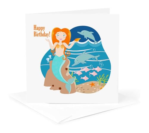 Greeting Card - Happy Birthday Mermaid with Fish and Cute Dolphins - Kids Happy Birthday