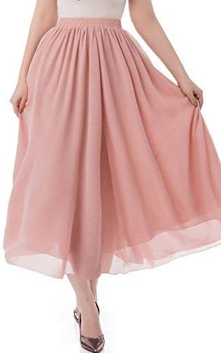 malishow Women's Long Chiffon Skirt Pleated Retro Beach Skirts A-line Maxi Dress Blush M