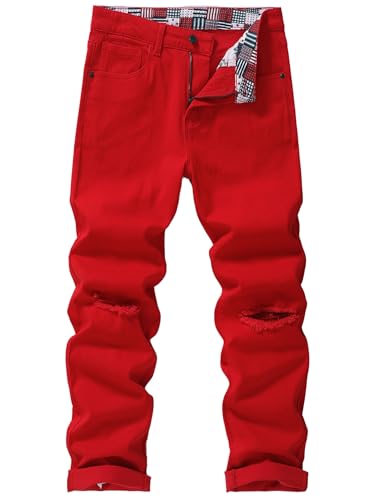 MZNBURAM Men's Knee Ripped Slim-Fit Skinny Stretch Cotton Taper Fit Jeans Pants (30, BRed)