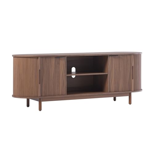 Modern Curved TV Stand for TVs up to 65 Inches with Sliding Doors and Adjustable Shelves