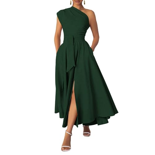 Ekaliy Women's Long Formal Dress One Shoulder Sleeveless Belted Wedding Guest Maxi Dresses Green XL