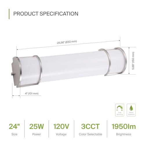 Image of ASD LED 24 inch Vanity Flush Mount Light Fixture, Linear Bathroom Lighting Bar | 3CCT, Dimmable, Energy Star, ETL Listed | 25W 1950LM 3000-5000K 120V | Long Tube Bath Wall Sconce Over Mirror | Nickel