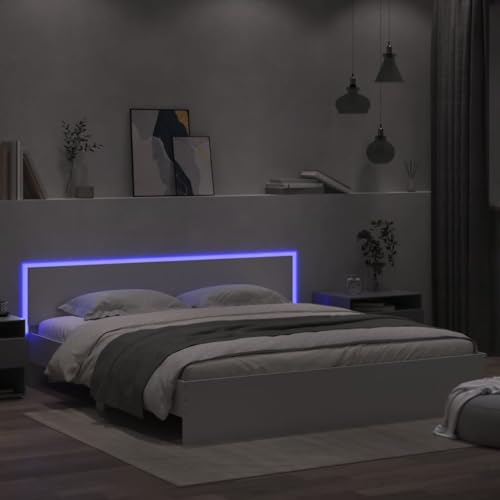 Gecheer Cabecero y LED con cabecero, somier clásico y elegante, estructura de cama, cama, cama individual, doble, moderno, marco de la cama con plataforma de madera, cama blanca de 200 x 200 cm