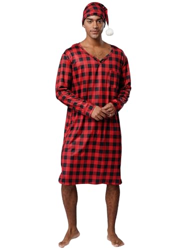 Jhaoyu Mens 2 Piece Pajamas Plaid Pattern V Neck Long Sleeve Sleep Shirt with Night Cap Loungewear3