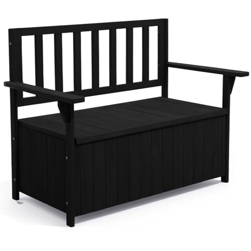 Warmiehomy Garden Storage Bench 2 Seater Garden Bench with Box 135L Wooden Outdoor Storage Benches with Backrest Armrest Black
