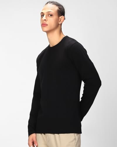 Image of Bewakoof Men's Solid Regular Fit Full Sleeve Round Neck Cotton T-Shirt