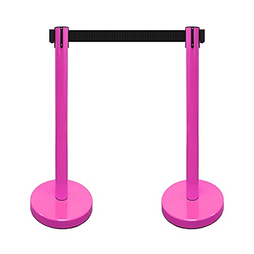 VIP Crowd Control Retractable Belt Stanchion Queue Safety Barrier Set, 36" Ht, 78" Belt (2 M.Pink Posts Black Belt)