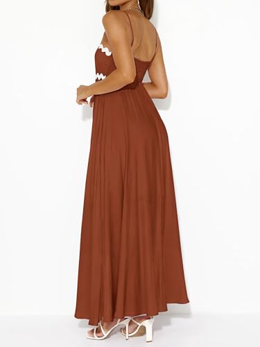 Image of PRETTYGARDEN Women Spaghetti Strap Boho Maxi Dresses Flowy | Sleeveless Smocked Long Dress, Striped Trim Flowy Dress Pockets, Elegant Square Neck Beach Sundress, Casual Summer Outfits
