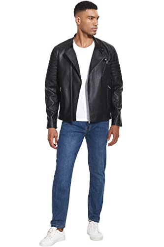 Fahsyee Faux Leather Jacket Men - Black Bomber Jackets Motorcycle Stand Collar Sponge Cut Line Zip-Up Slim Fit Biker Coat M #TOP1