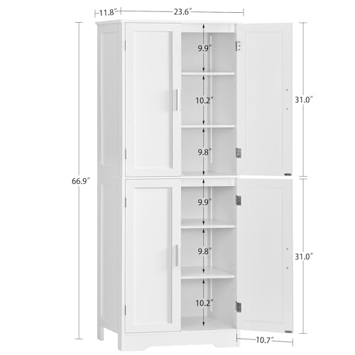 Image of TEENFON 67 inch Storage Cabinet, Kitchen Pantry Cabinet with 4 Doors and 2 Adjustable Shelves, Cupboard, Tall Bathroom Cabinets for Dining Room, Living Room, White