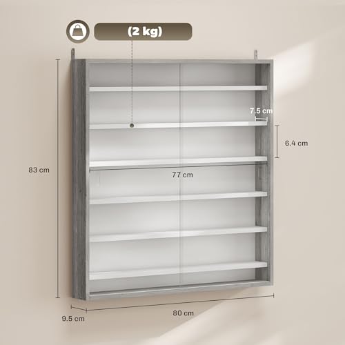 HOMCOM 7-Tier Wall Mounted Display Cabinet, Display Case with 6 Adjustable Shelves, Glass Doors for Home Office Ornaments 83x80cm, Graphite Wood Effect