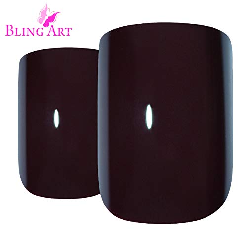 False Nails Bling Art French Fake Burgundy Brown Squoval 24 Acrylic Medium Tips