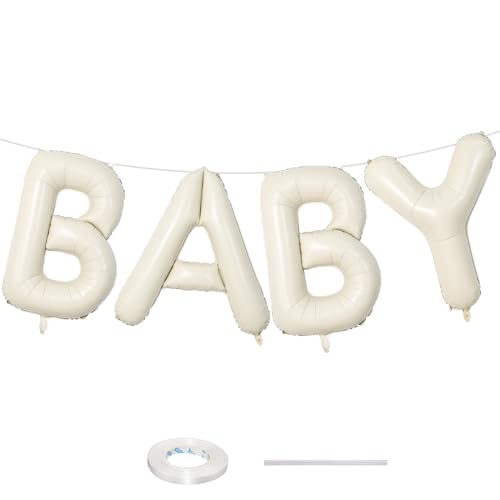 40 Inch Beige BABY Balloon for Baby Shower Large Cream White Baby Foil Balloons Letters with Ribbon Neutral Ivory Alphabet Baby Mylar Balloon Banner Sign for Gender Reveal Backdrop Party Decorations