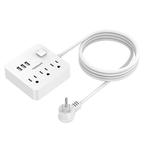 Power Strip with 3 USB 3 AC Outlets, TESSAN 9.8 FT Flat Plug Extension Cord, Desktop Charging Station 1250W/10 A, for Home, Office Accessories, Dorm Essentials - White