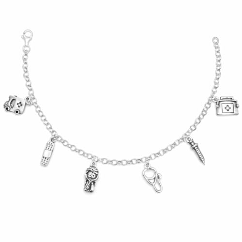 Genérico Pulsera plata de ley mujer enfermera con charms sanitarios.