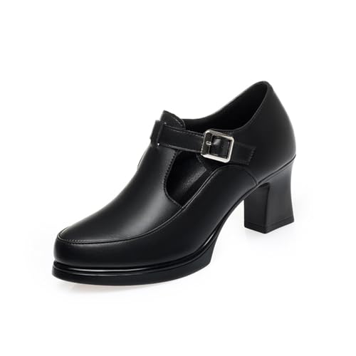 Women's Slip-On Black Genuine Leather Square-Toe Chunky Heel Mary Janes Shoes with Buckle Accent Comfortable Versatile for Daily Office Work Walking Casual Outings