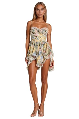 For Love & Lemons Womens Elea Asymmetrical Mini Dress Yellow/Blue xs