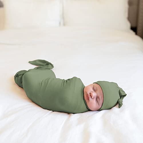 Bayceen Large Rayon Jersey Knitted Swaddle Blanket For Baby, Soft Stretchy Receiving Blanket For Newborns With Hat, Large 47 X 47 Inches (Sage) #TOP1
