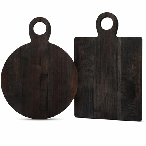 Image of 2 Pcs Acacia Wood Cutting Board with Handle 16'' Square and Round Charcuterie Chopping Board for Pizza Cheese Meat Decorative Black Wooden Serving Tray for Kitchen and Dining Room