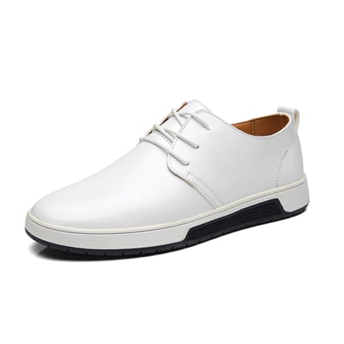 Men's Leather Shoes, Large Size Lace-up Formal Shoes Business Casual Round Toe Low-top Loafers Comfortable and Breathable for Office Work, 43 EU,White
