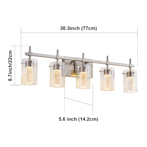 Image of 5-Light Brushed Nickel Vanity Light with 3 Color Modes (3000K /4000K /6000K), Eye Protection LED Bathroom Light Fixture, Dimmable Modern Wall Light Over Mirror with Clear Glass Shade