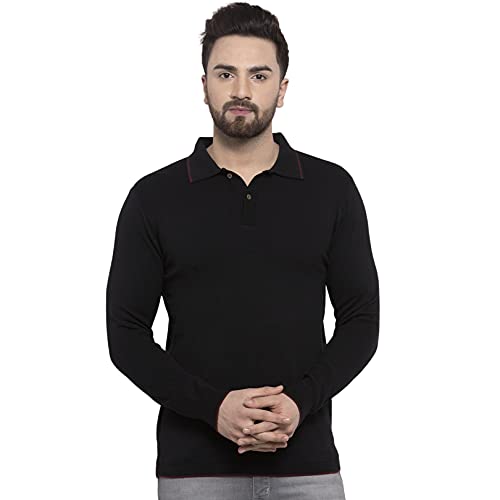 Image of Kalt Mens Basic Solid Full Sleeves Polo Cotton Blend Knitted Regular Fit Polo-Neck T-Shirts with Collar Stylish