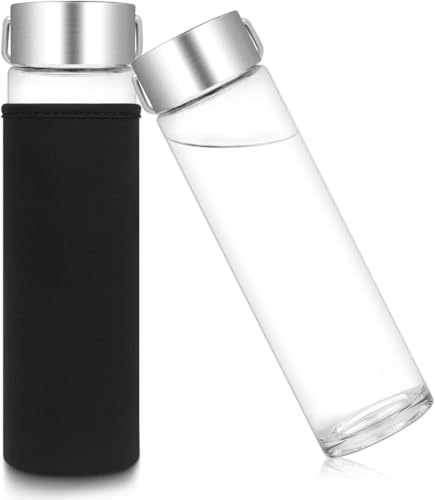 Livvy 750ml Glass Water Bottle with Stainless Steel Leak-Proof Lid & Carry Handle Reusable Drinking Bottle with Neoprene Sleeve for Office Gym Travel & School