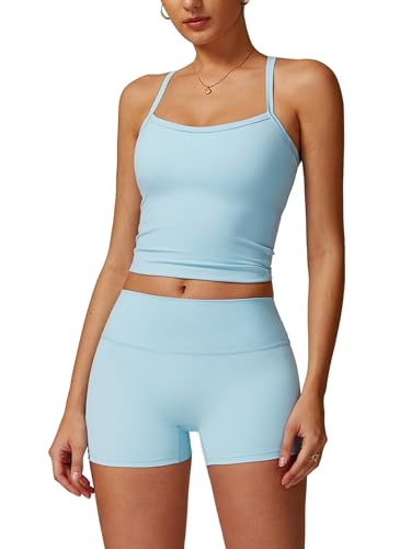QBGJTD Two Piece Workout Sets For Women Straps Cross Back Tank Top Matching High Waist Booty Lifting Biker Shorts 2 Piece Gym Yoga Active Wear Outfits Womens Athletic Work Out Clothes Blue M