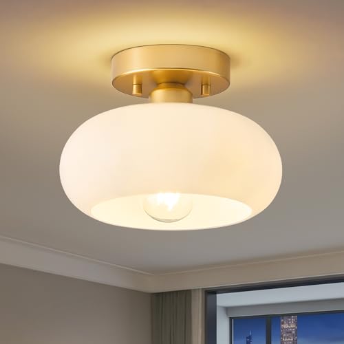 WOKNOS Mid-Century Modern Gold Semi Flush Mount Ceiling Light, Kitchen Ceiling Light Fixture with...