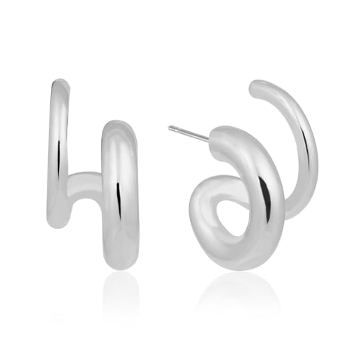 Image of Obidos 14K Gold Plated Illusion Stud Earrings for Women | Triple Huggie Hoop Earrings for One Hole| Trendy Simple Hypoallergenic Fashion Accessories Gold Jewelry Gifts for Womens
